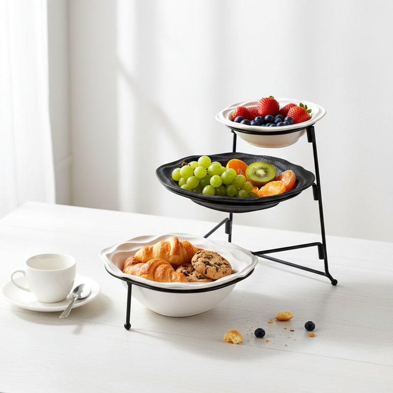 Shallow 3-Tier Porcelain Bowl Set with Stand  15cm, 21cm & 22cm Taqdeem Set-Food Tower for Home & Majlis - Black & White Mawaheen for Salads, Dips & Coffee Station Hosting - Image 4