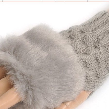 T001 autumn and winter Korean version of imitation rabbit fur gloves wool knitted warm half finger gloves manufacturers wholesale Light gray