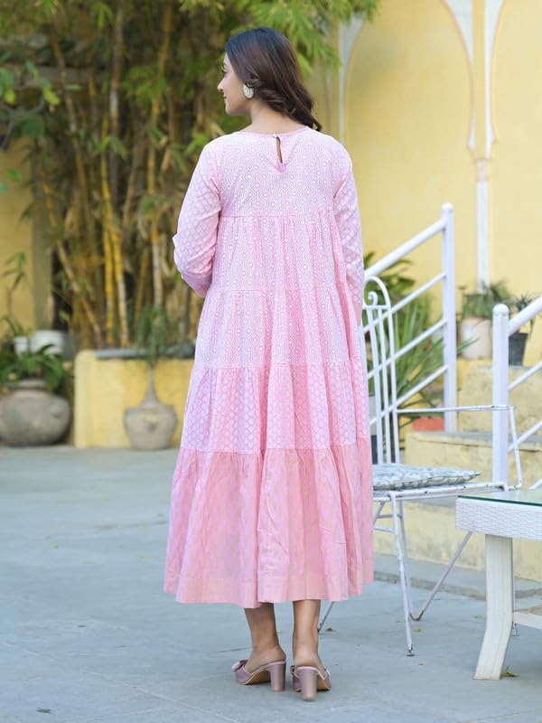 SHIFORY Pink Round Neck Gown with Printed & Hand Work Kurti & Dupatta for Women, Cotton Fabric, 3/4 Sleeve, Anarkali Style, Casual, Machine Washable, Elegant & Comfortable - Image 3