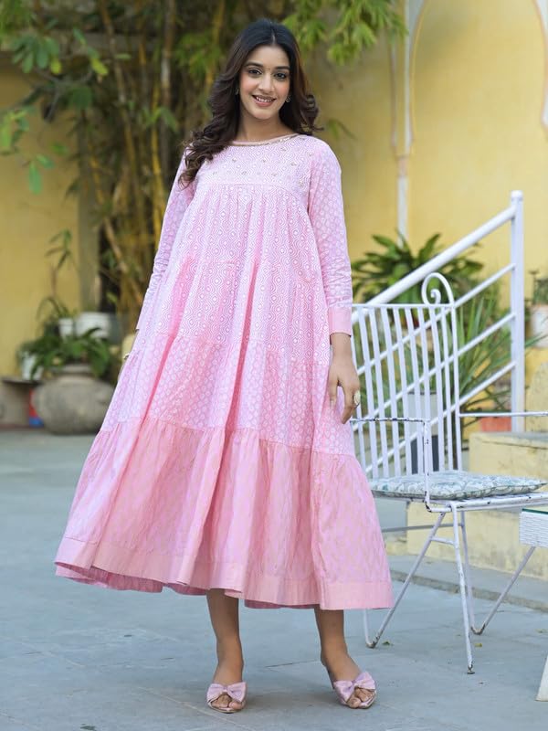 SHIFORY Pink Round Neck Gown with Printed & Hand Work Kurti & Dupatta for Women, Cotton Fabric, 3/4 Sleeve, Anarkali Style, Casual, Machine Washable, Elegant & Comfortable - Image 2