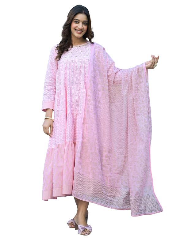 SHIFORY Pink Round Neck Gown with Printed & Hand Work Kurti & Dupatta for Women, Cotton Fabric, 3/4 Sleeve, Anarkali Style, Casual, Machine Washable, Elegant & Comfortable - Image 1