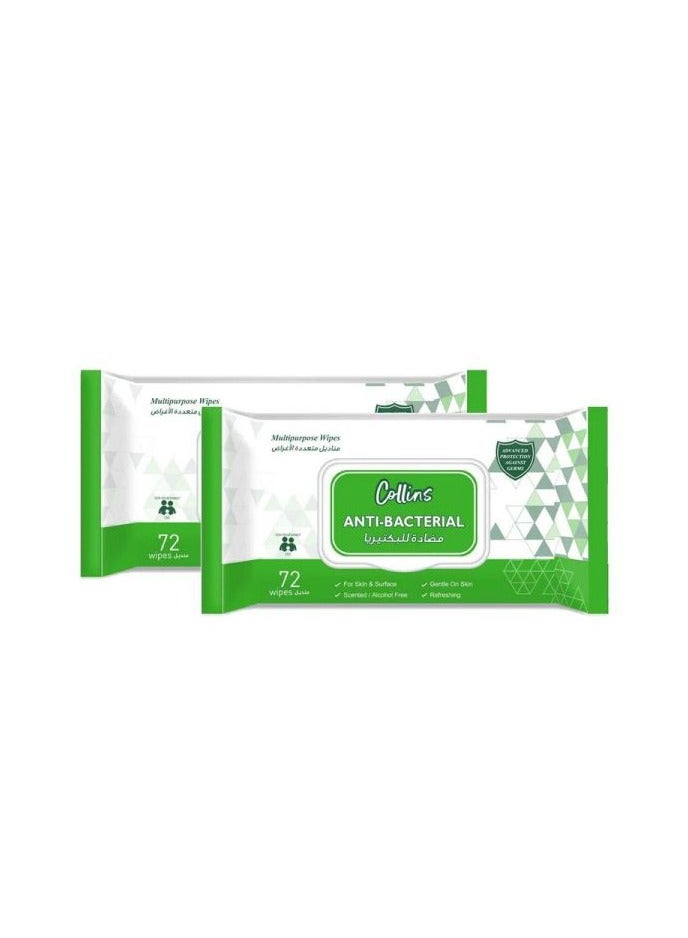 Collins Collins Antibacterial Wet Wipes Premium Quality 2 Pcs 72 Sheets Flip-top Unisex Baby Accessories in Green - Image 1