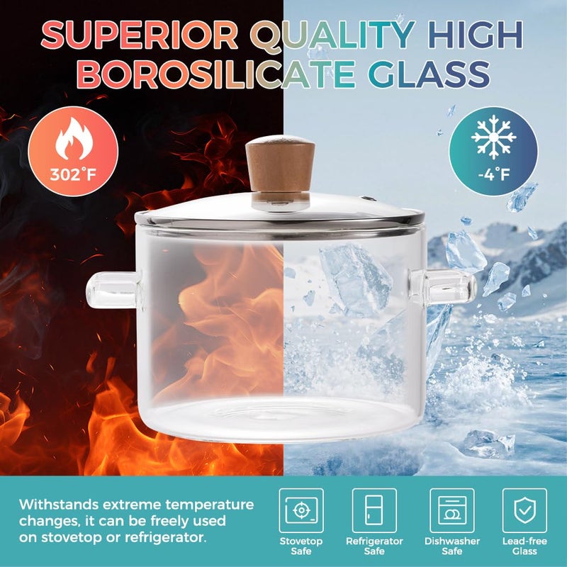 Recceng Glass Pots for Cooking on Stove, 1.8L/60 OZ Clear Simmer Pot Potpourri, Glass saucepan with Lid, Cookware for Stovetop - Image 3