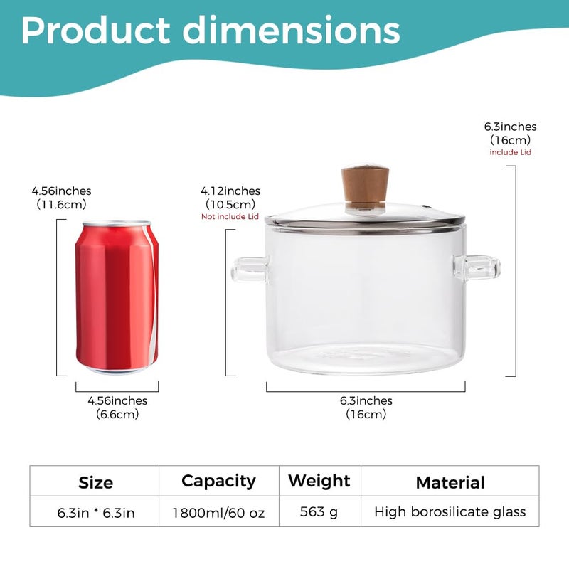 Recceng Glass Pots for Cooking on Stove, 1.8L/60 OZ Clear Simmer Pot Potpourri, Glass saucepan with Lid, Cookware for Stovetop - Image 2
