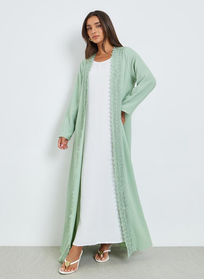 Amirah Green Front Open Abaya with Lace Trim - Image 1