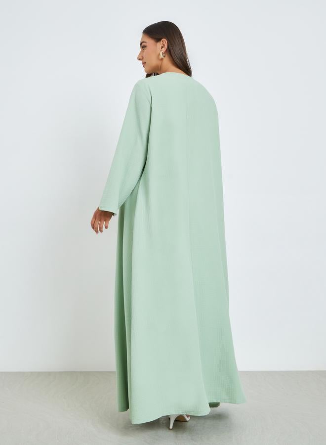 Amirah Green Front Open Abaya with Lace Trim - Image 3