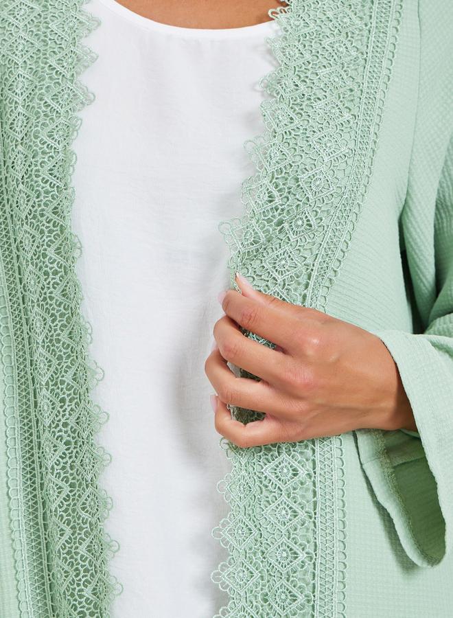 Amirah Green Front Open Abaya with Lace Trim - Image 4