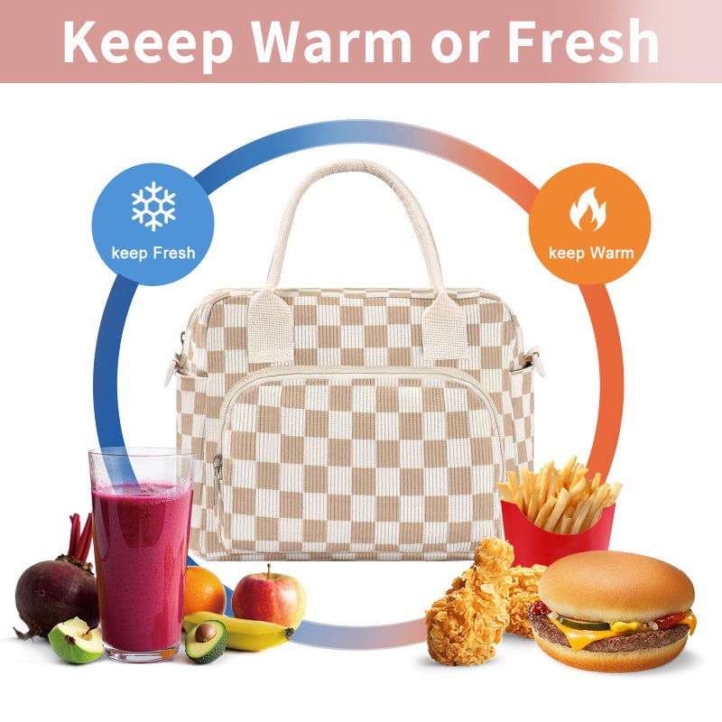 OYLOLA Lunch Bag Women Lunch Box for Women Adult Cute Insulated Lunch Bag Lager Cooler Lunch Tote Bags for Work Picnic (Beige-Brown Plaid) - Image 4
