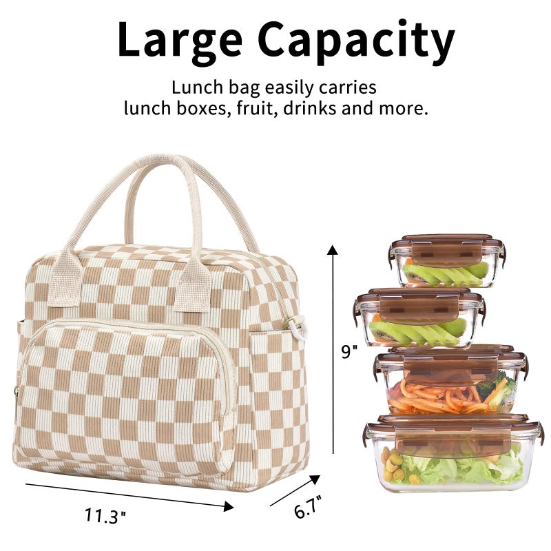 OYLOLA Lunch Bag Women Lunch Box for Women Adult Cute Insulated Lunch Bag Lager Cooler Lunch Tote Bags for Work Picnic (Beige-Brown Plaid) - Image 3