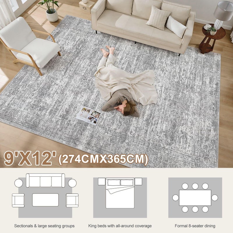DMOYEST Area Rug Living Room Rugs - 9x12 Abstract Large Soft Indoor Washable Rug Neutral Modern Low Pile Carpet for Bedroom Dining Room Farmhouse Home Office - Vintage Grey - Image 3