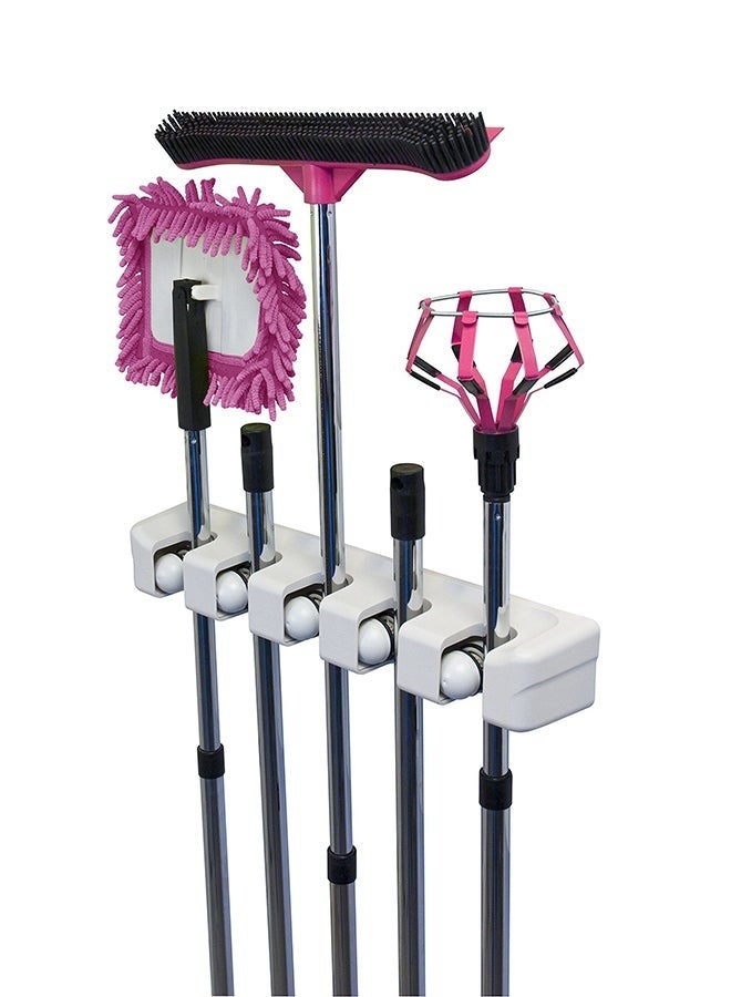 Mop And Broom Holder, Wall Mounted Organizer Mop And Broom Saving Space Storage Rack For Kitchen Garden And Garage,Laundry Offices,5 Position With 6 Hooks Multicolour 33x6x8.1cm - Image 1
