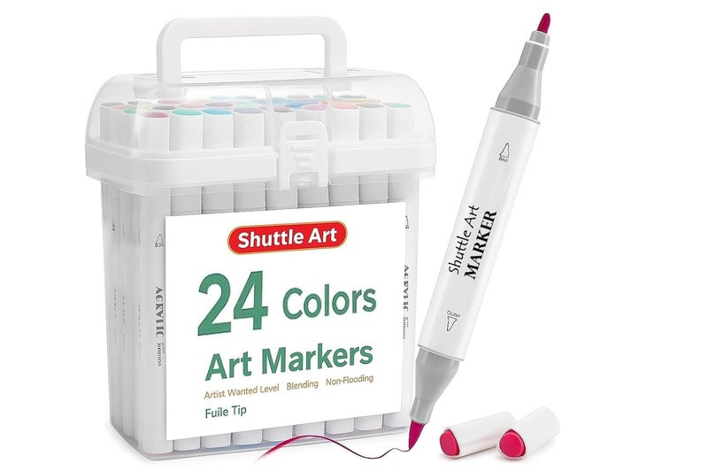Shuttle Art Color Dual Tip Art Markers,Permanent Marker Pens Highlighters with Case Perfect for Illustration Adult Coloring Sketching and Card Making (Waterbased Markers, 24) - Image 1