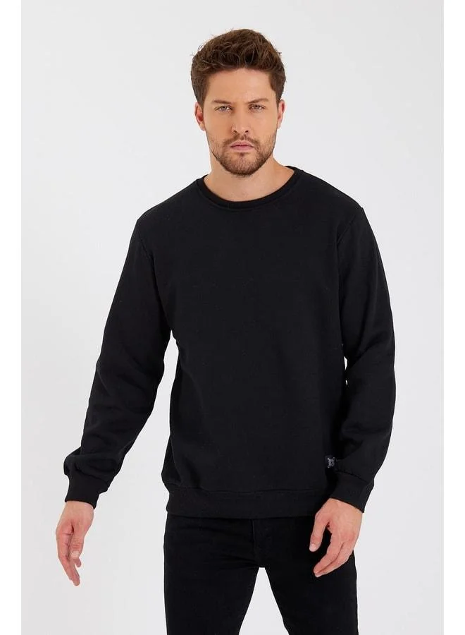 Mmetalic  Men's Black Crew Neck Sweatshirt with Label Detail and Cotton Lining for Men | Best Price UAE