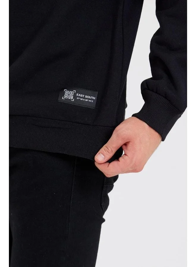 Mmetalic  Men's Black Crew Neck Sweatshirt with Label Detail and Cotton Lining for Men | Best Price UAE