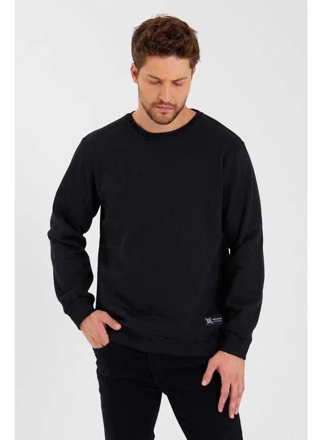 Men's Black Crew Neck Sweatshirt with Label Detail and Cotton Lining