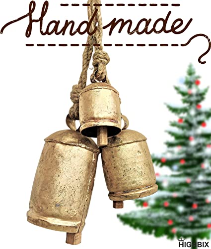 HIGHBIX Set of 3 Giant Harmony Cow Bells Huge Vintage Handmade Rustic Lucky Christmas Hanging XL Bells On Rope (Country Rustic, Large) - Image 3