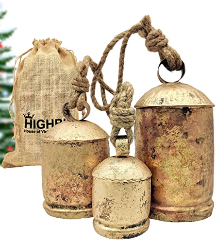 HIGHBIX Set of 3 Giant Harmony Cow Bells Huge Vintage Handmade Rustic Lucky Christmas Hanging XL Bells On Rope (Country Rustic, Large) - Image 1