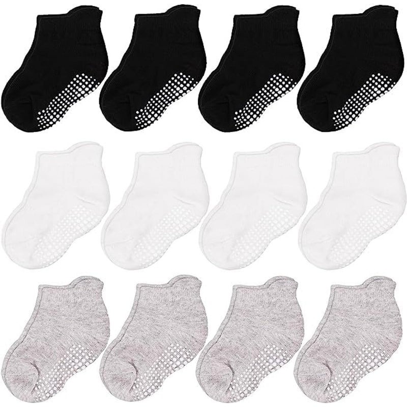 CozyWay Toddler Socks with Ankle Grips - Non-Slip Baby Socks with Grips - Grippy Pair for Toddlers Girls - 1T-3T, Black/White/Gray, Pack of 12 - Image 1