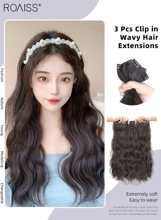 رويس 3 قطع من وصلات الشعر المموج ذات المشابك، قطع شعر صناعية مموجة طويلة غير مرئية وقابلة للتعديل ومقاومة للحرارة للنساء والفتيات، بني أسود، 60 سم (23.6 بوصة) - Image 1