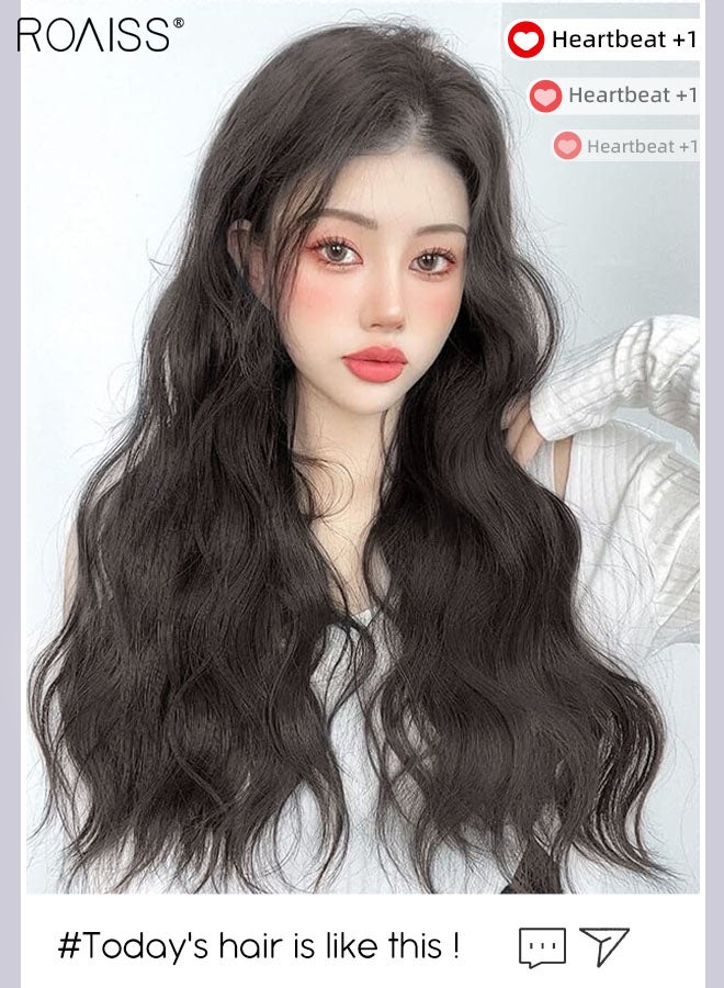 رويس 3 قطع من وصلات الشعر المموج ذات المشابك، قطع شعر صناعية مموجة طويلة غير مرئية وقابلة للتعديل ومقاومة للحرارة للنساء والفتيات، بني أسود، 60 سم (23.6 بوصة) - Image 2