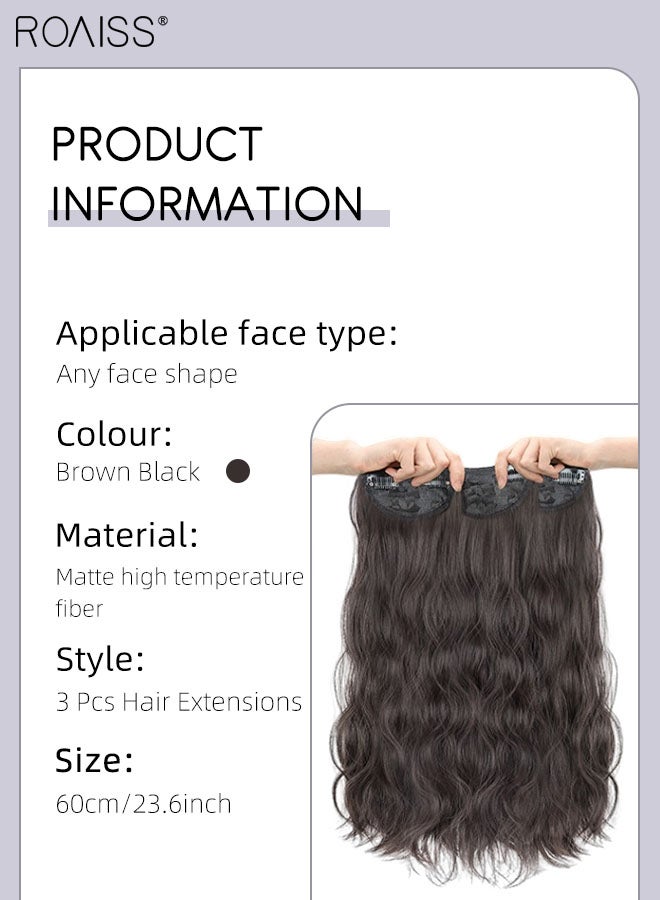 رويس 3 قطع من وصلات الشعر المموج ذات المشابك، قطع شعر صناعية مموجة طويلة غير مرئية وقابلة للتعديل ومقاومة للحرارة للنساء والفتيات، بني أسود، 60 سم (23.6 بوصة) - Image 3