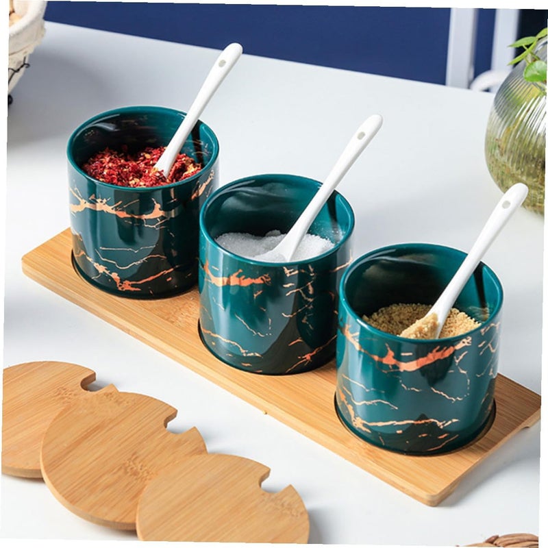 Ceramic Seasoning Jars Set of 3 with Lids and Spoons, Emerald Marble Pattern Spice Containers for Kitchen Salt and Condiment Storage - Image 5