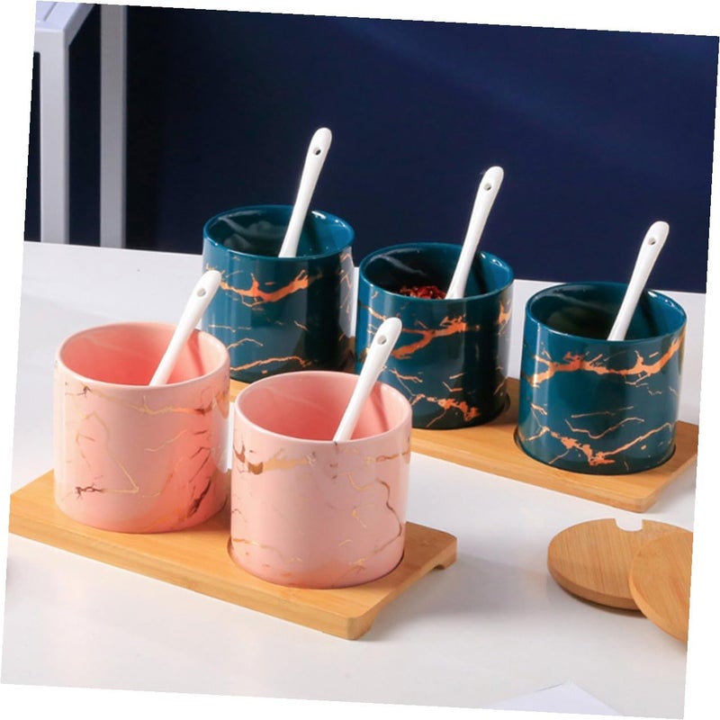 Ceramic Seasoning Jars Set of 3 with Lids and Spoons, Emerald Marble Pattern Spice Containers for Kitchen Salt and Condiment Storage - Image 4
