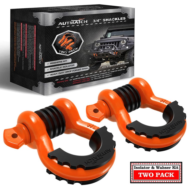 AUTMATCH D Ring Shackle 34 Shackles 2 Pack 41887Ibs Break Strength Clevis Shackle with 78 Screw Pin and Shackle Isolator Washers Kit for Tow Strap Winch Off Road Vehicle Recovery Orange