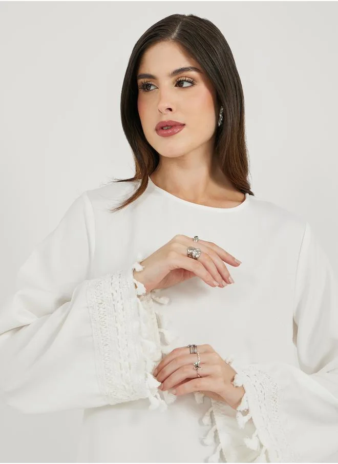 Styli Solid Tasselled Long Sleeve Shift Maxi Dress