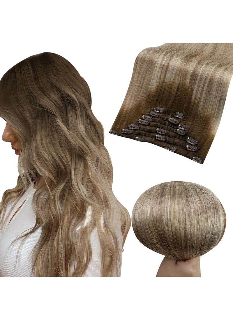 Full Shine Full Shine Balayage Clip in Hair Extensions Real Human Hair Brown to Blonde Ombre Remy Human Hair Extensions Human Hair Clip in Extensions Long Straight Hair Extensions Clip ins 22 inch 7pcs 120g 