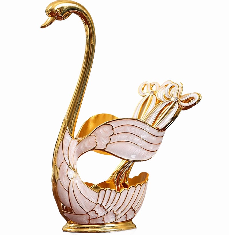 QIRMIZI Decorative Gold Swan Base Holder with 6pcs Coffee Spoon Set Creative Dessert SpoonsGold - Image 2