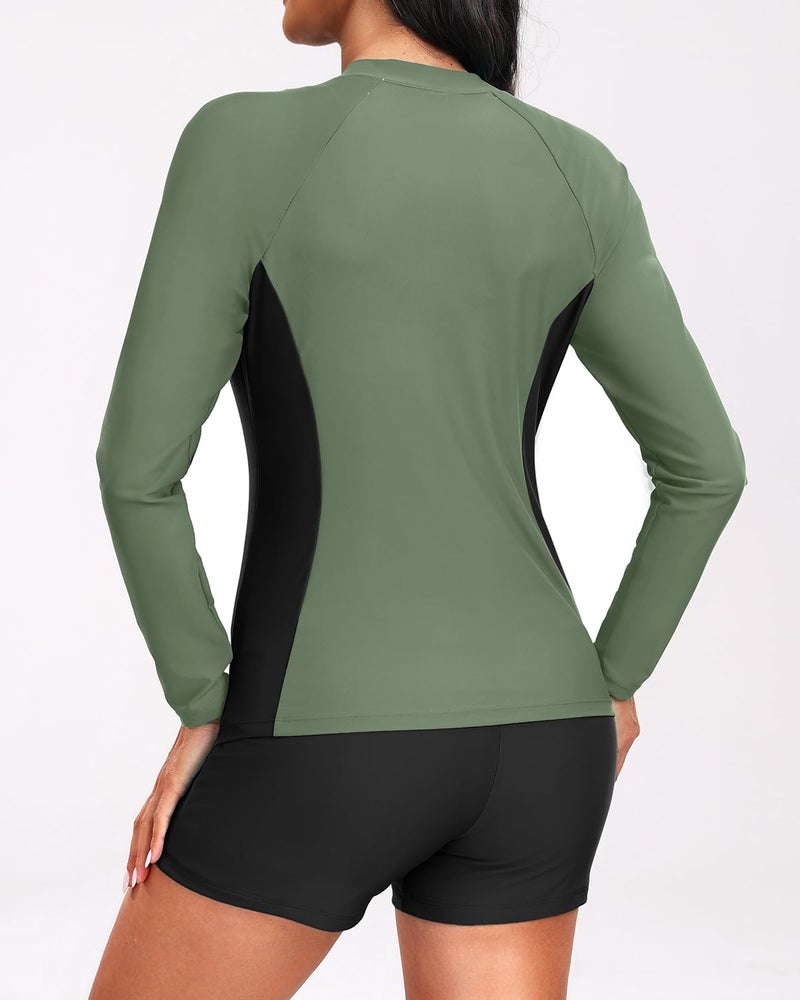 Holipick Green Stripe Long Sleeve Swimsuits for Women - 3 Piece Rash Guard with Shorts Zipper SPF Swim Shirt with Built in Bra M - Image 5