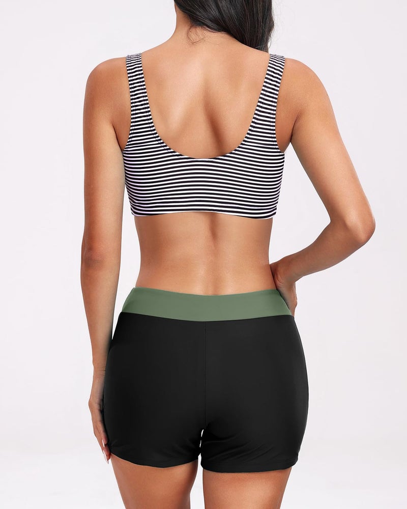 Holipick Green Stripe Long Sleeve Swimsuits for Women - 3 Piece Rash Guard with Shorts Zipper SPF Swim Shirt with Built in Bra M - Image 2