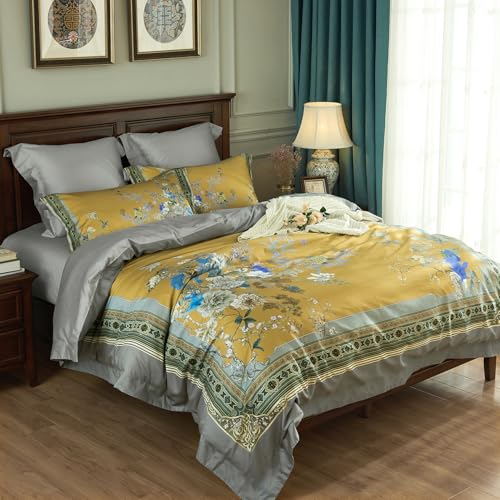 mixinni Queen Size Duvet Cover Set 3PC Garden Style Long Staple Cotton Golden Floral Bedding Chinoiserie Chic Botanical Print Reversible Design Zipper Closure Soft Breathable for Him Her - Image 3