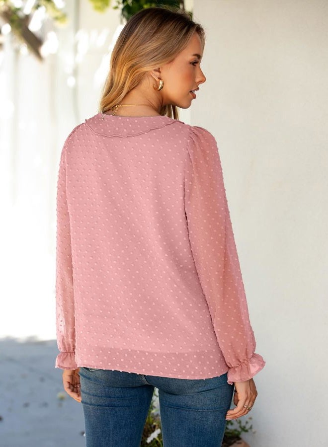 SIMPLEE Womens Dressy Long Sleeve Blouse Casual V-Neck Ruffle Business Tops Chiffon Work Ladies Shirts 2025 Fall Trendy, Pink, M - Image 3