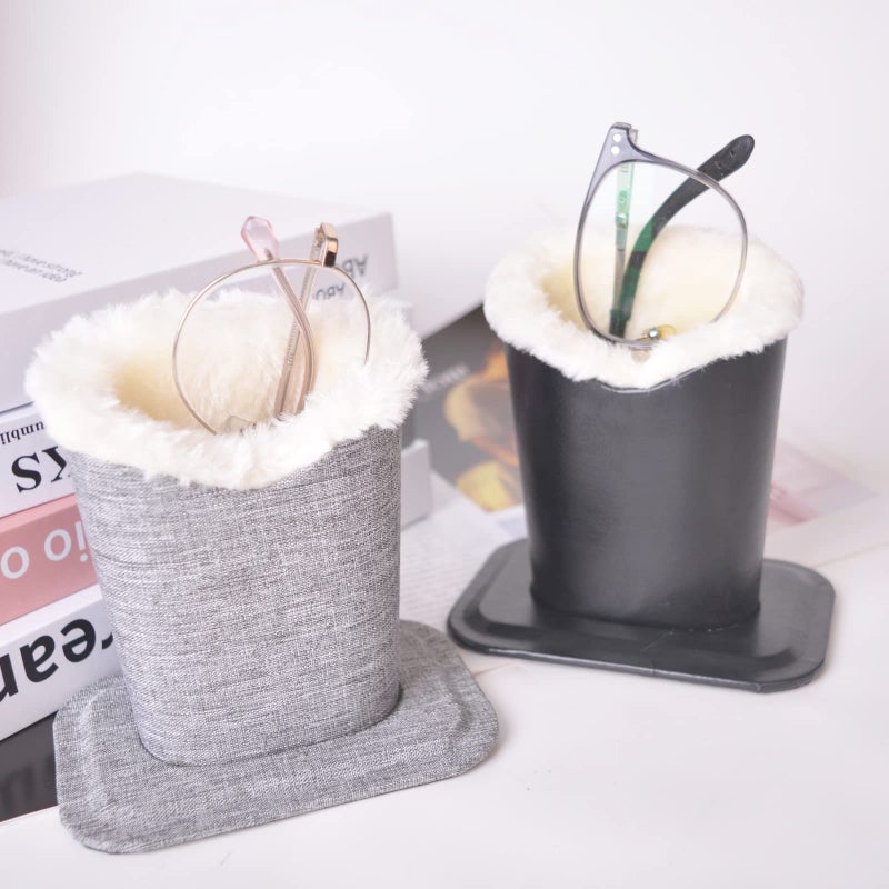 Baitaihem Pack of 2 Plush Lined Eyeglasses Holder Stand Protective Glasses Case For Desks Or Nightstands,Canvas(Gray)+Leather(Black) - Image 2
