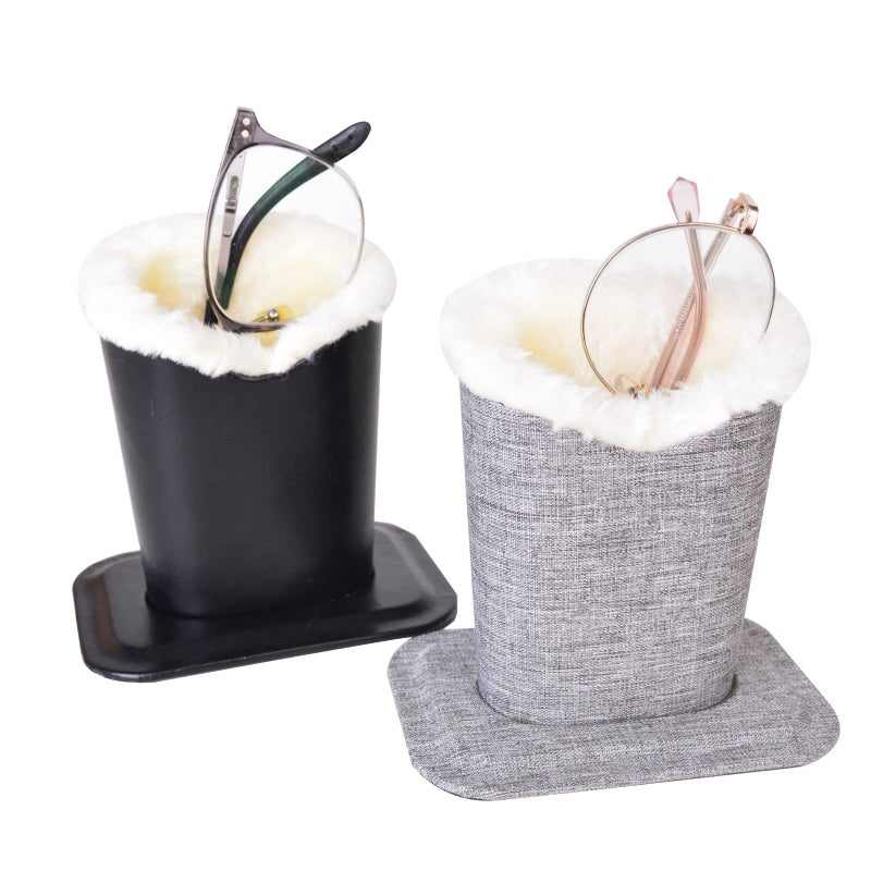 Baitaihem Pack of 2 Plush Lined Eyeglasses Holder Stand Protective Glasses Case For Desks Or Nightstands,Canvas(Gray)+Leather(Black) - Image 1