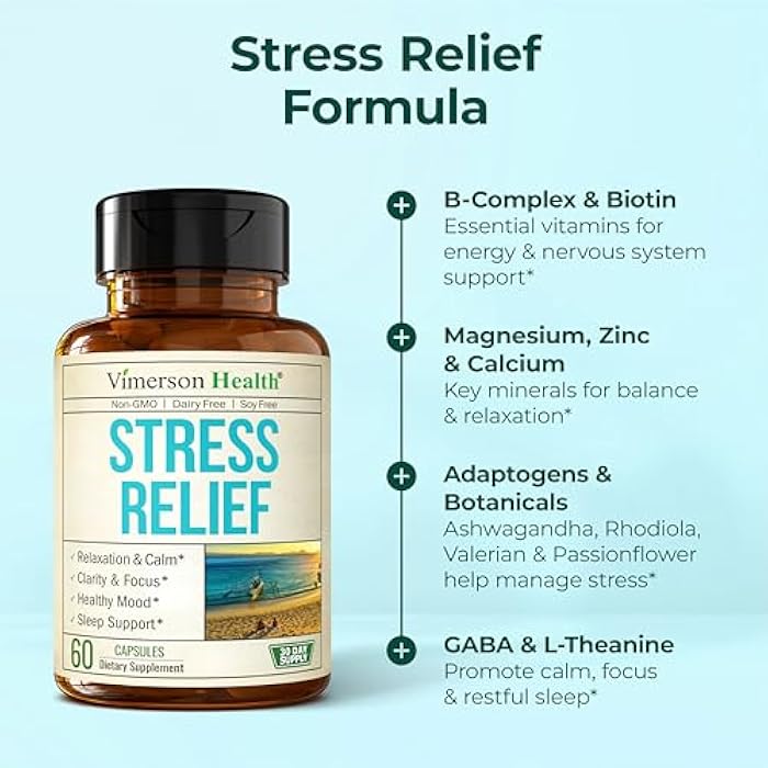 Vimerson Health Stress Relief Supplement with 5HTP, Ashwagandha, Valerian, St John’s Wort, GABA, Chamomile & B-Vitamins - Promotes Relaxation, Sleep, Calm & Balanced Mood, Energy & Focus. Vegan, Non-GMO, 60 Capsules - Image 5