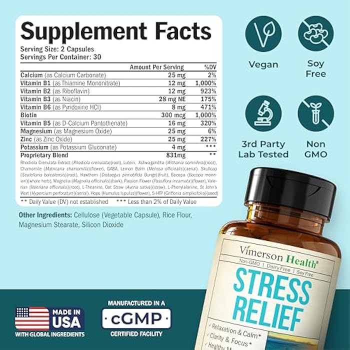 Vimerson Health Stress Relief Supplement with 5HTP, Ashwagandha, Valerian, St John’s Wort, GABA, Chamomile & B-Vitamins - Promotes Relaxation, Sleep, Calm & Balanced Mood, Energy & Focus. Vegan, Non-GMO, 60 Capsules - Image 3