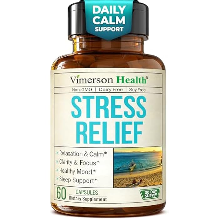 Vimerson Health Stress Relief Supplement with 5HTP, Ashwagandha, Valerian, St John’s Wort, GABA, Chamomile & B-Vitamins - Promotes Relaxation, Sleep, Calm & Balanced Mood, Energy & Focus. Vegan, Non-GMO, 60 Capsules - Image 1