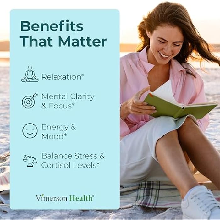 Vimerson Health Stress Relief Supplement with 5HTP, Ashwagandha, Valerian, St John’s Wort, GABA, Chamomile & B-Vitamins - Promotes Relaxation, Sleep, Calm & Balanced Mood, Energy & Focus. Vegan, Non-GMO, 60 Capsules - Image 2