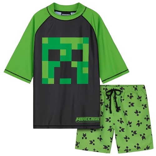 Minecraft Boys 2 Piece Swim Set, Swimming Top and Boys Swim Trunks (9-10 Years, Green/Black) - Image 1