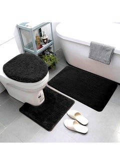 HQ-GAMING 3 Piece Super Soft and Fluffy Microfiber Absorbent Solid Bathroom Rug Set with Rubber Backing Includes Non-Slip Bath Rug, Contour Mat, and Toilet Lid Cover (Black)  - Image 1