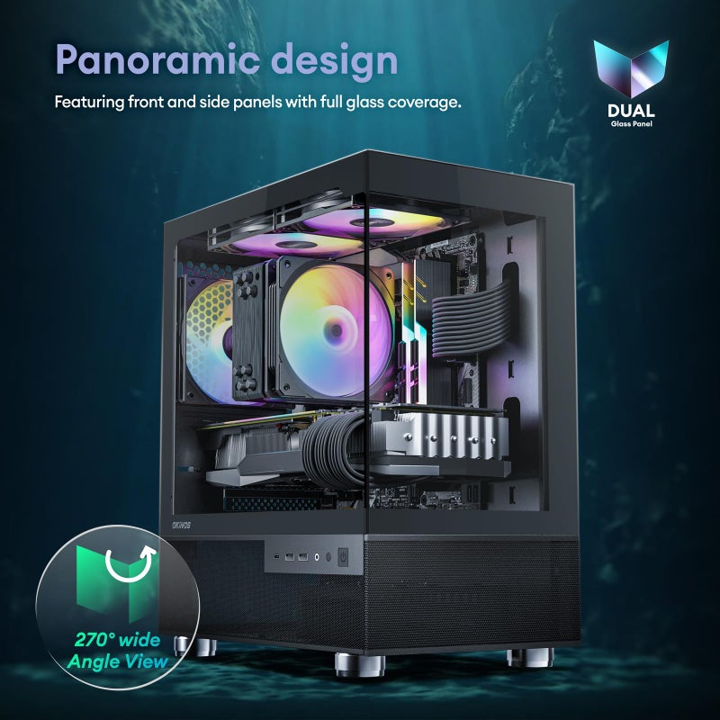 Okinos صندوق أوكينوس أكوا 3، صندوق Micro ATX، صندوق MATX مع 3 مراوح ARGB 120mm 3-Pin مثبتة مسبقًا، واجهة زجاجية مقسّاة بانورامية من الأمام والجانب، مع منفذ Type C، أسود - Image 2
