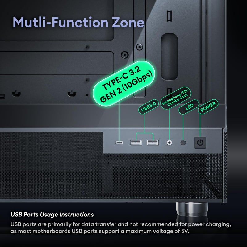 Okinos صندوق أوكينوس أكوا 3، صندوق Micro ATX، صندوق MATX مع 3 مراوح ARGB 120mm 3-Pin مثبتة مسبقًا، واجهة زجاجية مقسّاة بانورامية من الأمام والجانب، مع منفذ Type C، أسود - Image 5