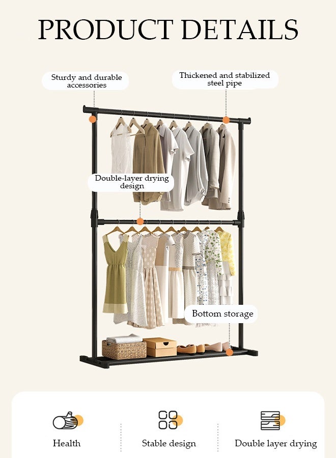 DUNISO 65cm wide Double-layer Simple Srying Rack，Indoor Floor Standing Clothes Hanger，Assembled Clothes Hanger，Bedroom Storage Clothes Rack，Multi Functional Floor Drying Rack，Black - Image 4
