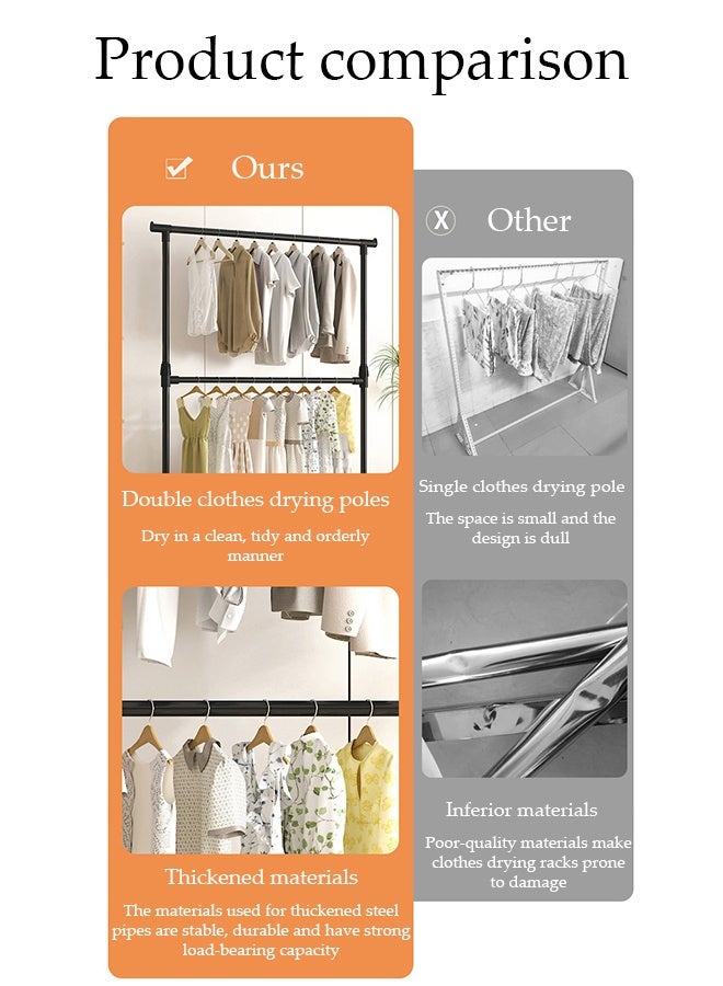 DUNISO 65cm wide Double-layer Simple Srying Rack，Indoor Floor Standing Clothes Hanger，Assembled Clothes Hanger，Bedroom Storage Clothes Rack，Multi Functional Floor Drying Rack，Black - Image 5