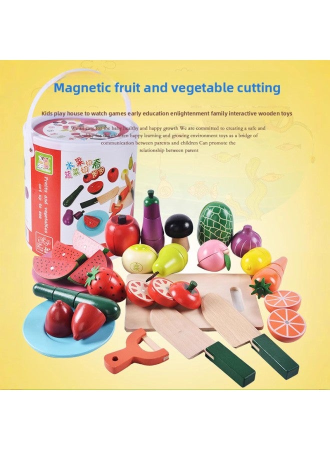 Wooden Magnetic Barrel Kitchen Toy Fruit And Vegetable Cake Cut And See Cut And Play Set For Kindergarten-Color:Barreled Vegetable And Fruit Cutting - Image 2