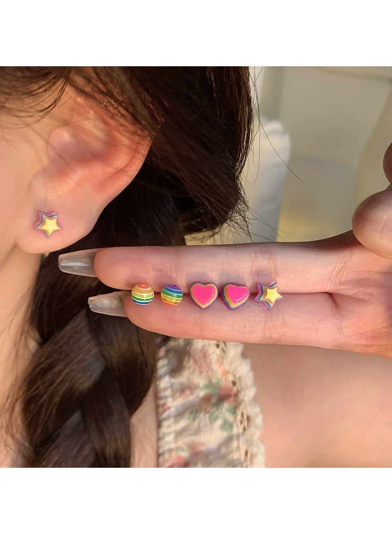 Goolsky 3-Pair Candy Color Stud Earrings Set – Rainbow Heart & Star Design, Trendy Kawaii Earring Pack for Women and Girls  - Image 1