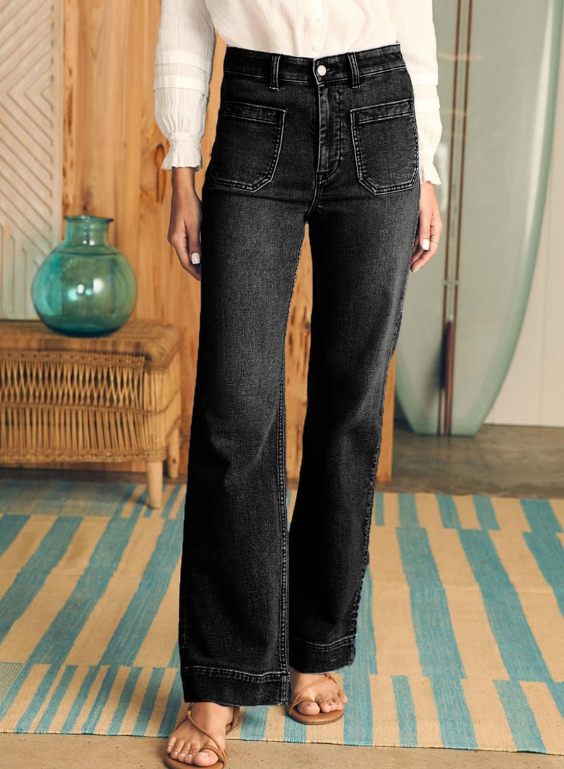 Astylish Women's Wide Leg Jeans High Waisted Stretchy Straight Leg Jeans Loose Denim Pants with Pocket Size 8 Black - Image 3
